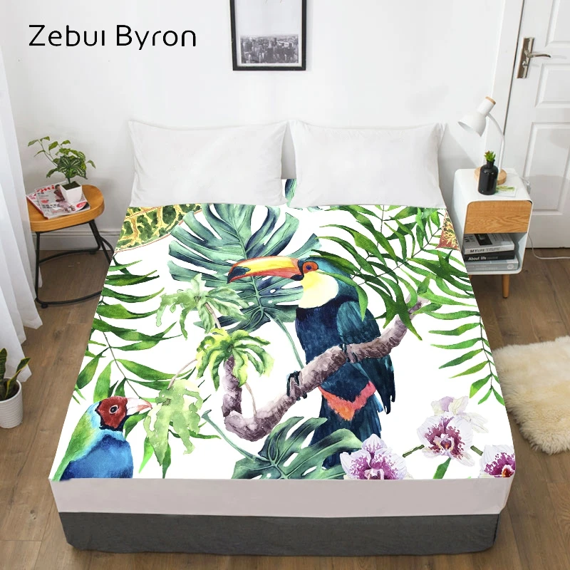 3D HD Digital Print Custom Bed Sheet With Elastic,Fitted Sheet Twin/Full/Queen/King,Eucalyptus toucan Mattress Cover 160x200