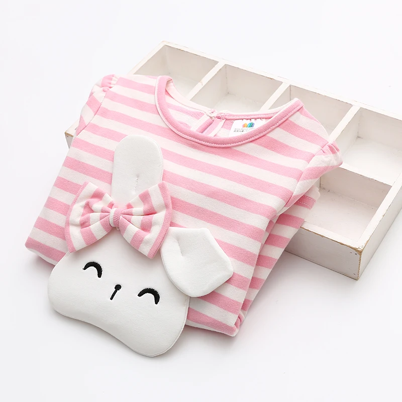 Fashion Spring Autumn 4 6 8 10 Years Long Sleeve O-Neck Cute Rabbit Bow Striped Patchwork Baby Children Cotton Kids Girl T-Shirt