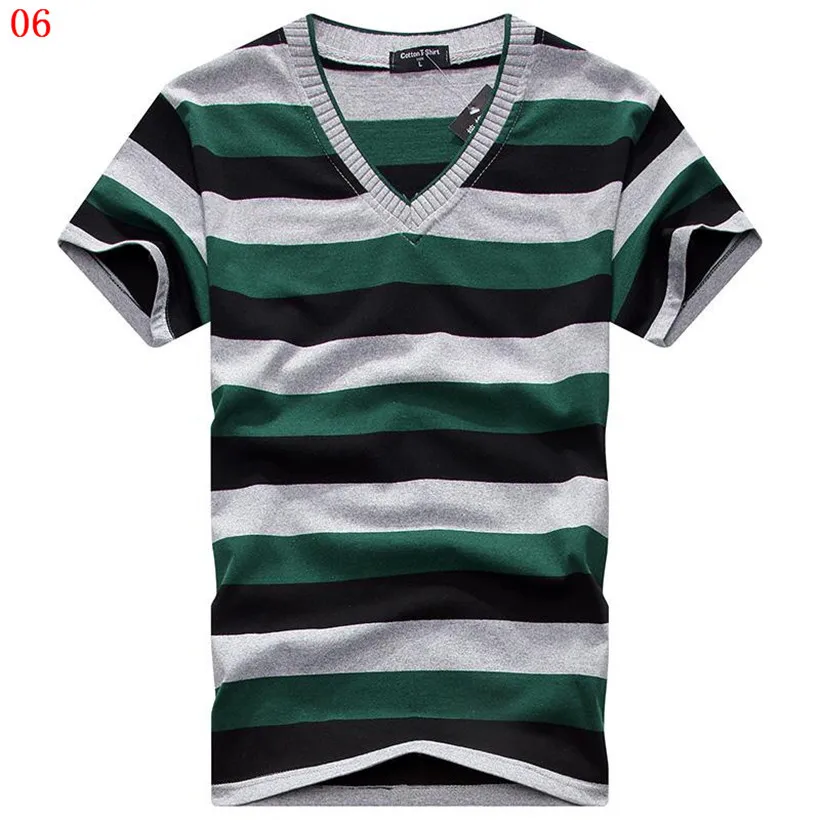 Male V-neck Tees Tops Men\'s Short Sleeve Tshirt Man Cotton Striped T Shirts Mens Clothing Multi Size