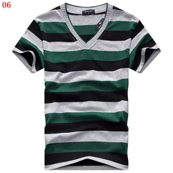 Male V-neck Tees Tops Men's Short Sleeve Tshirt Man Cotton Striped T Shirts Mens Clothing Multi Size