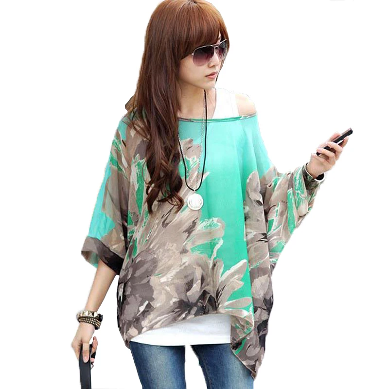 Summer Blouse Shirt 2021 New Fashion Women Casual Chiffon Blouses Tops Plus Size 4XL 5XL 6XL Batwing Sleeve Women\'s Shirts