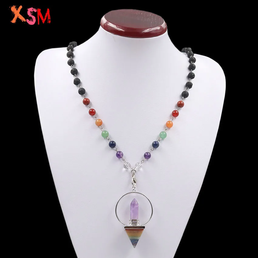 xinshangmie Rainbow Layer Pyramid Amethysts Hexagon Prism 7 Chakra Pendants 8mm Black Lava Volcanic Stone Beads Long Necklace