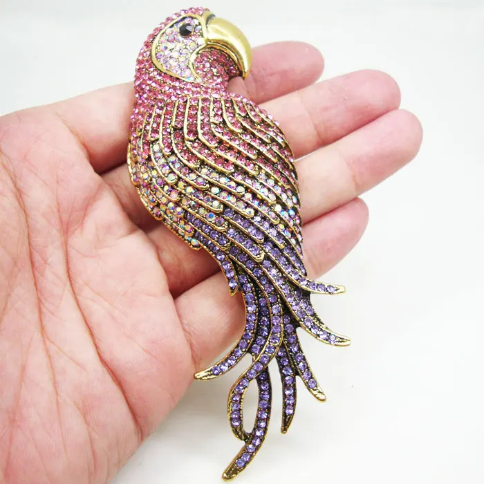 TTjewelry Vintage fashion luxury animal bird parrot  pink crystal rhinestone brooch pin pendant beautiful girl gifts