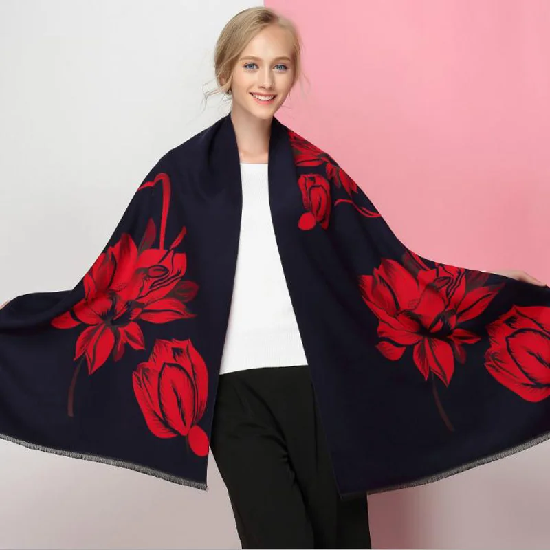 ヨーロッパデザインの女性カシミヤパシュミナショール-スカーフ厚く暖かいラップフラワープリント冬の女性のスカーフ厚い毛布