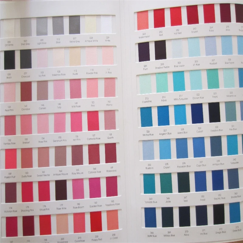 100% polyester solid color plain Grosgrain Ribbon or  Satin Ribbon 196 colours color Swatch card chart book