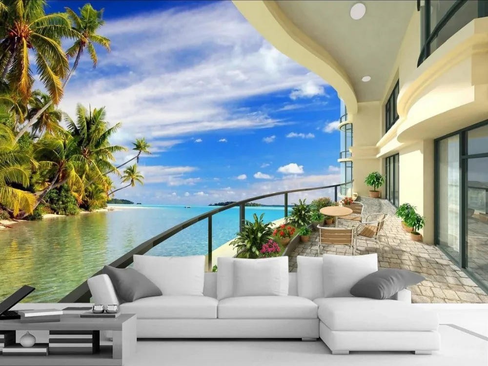 

3d room wallpaper landscape balcony beach wallpaper 3d mural Home Decoration custom 3d wallpaper murals