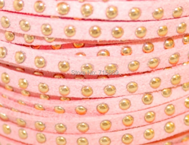 

Free Ship 100 Meters Pink 5 x1.5mm w/ Gold Rivet Accents Microfiber Flat Faux Suede LeatherLace Cord For DIYJewelry