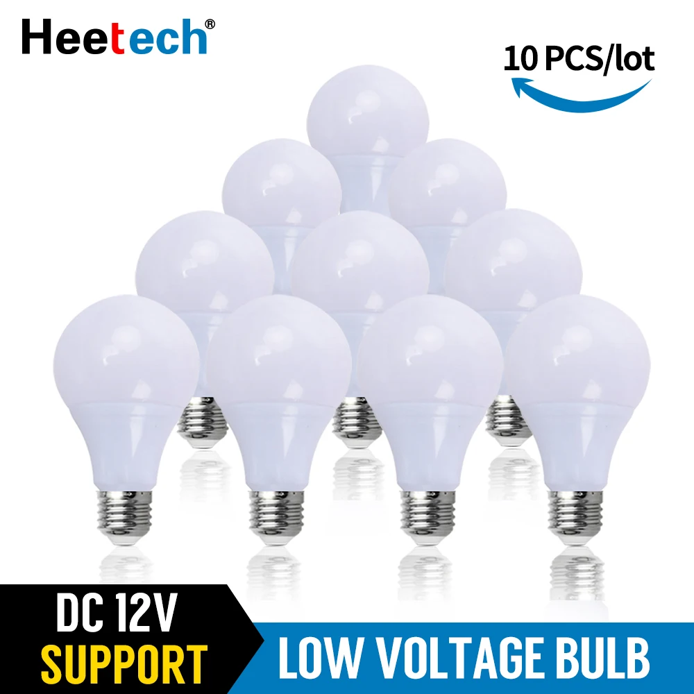 Lâmpadas de baixa tensão, lâmpada LED, E27, DC 12 V, 3W, 5W, 7W, 12W, 15W, 36W, iluminação para 12 volts, 10Pcs Lot