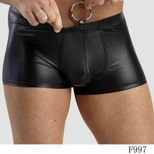 Free shipping Black sexy Patent leather mens boxershorts, Men\'s show faux leather boxer