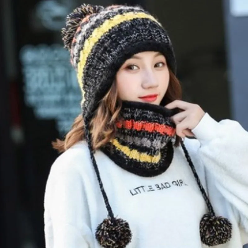 MAERSHEI 2020 winter hat female knit plus velvet thickening wild hair ball cap collar set Korean version of the warm contrast co