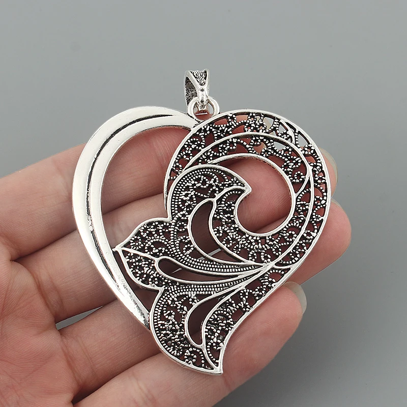 2pcs Antique Large Hollow Open Filigree Heart Shape Charms Pendants for Necklace Jewelry Making Findings 65x61mm