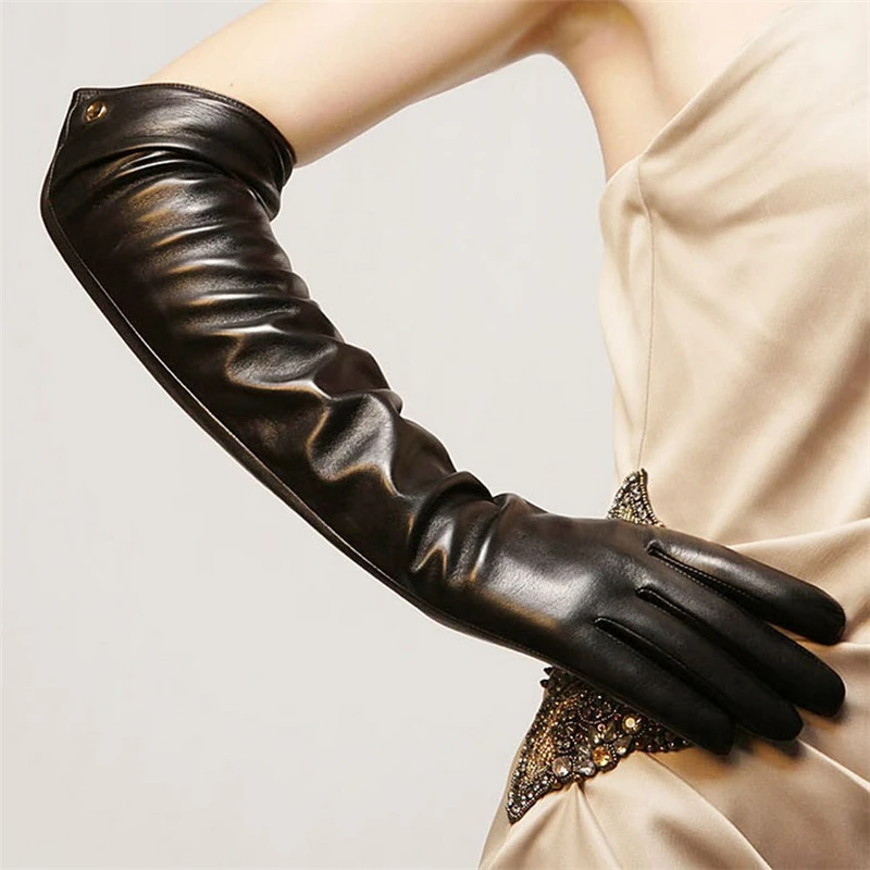 Long Women Fashion Sale 51cm Leather Gloves Five Finger Solid Real Sheepskin Banquet Genuine Opera Driving Glove EL017NC-5