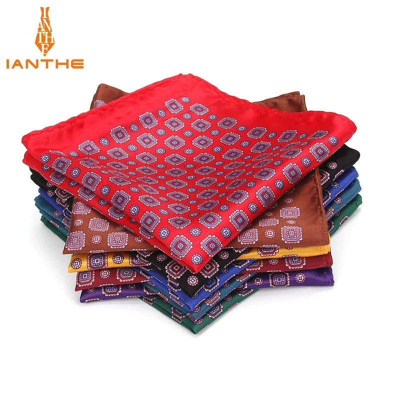 Men\'s Brand Handkerchief Vintage Geometric Pocket Square Soft Hankies Wedding Party Business Silk Colorful Chest Towel Gift Navy