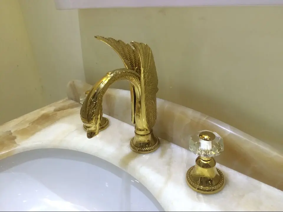 Free ship Gold Colour 3 pcs swan sink faucet widespread lavatory basin mixer tap New  Deck mounted Crystal handles