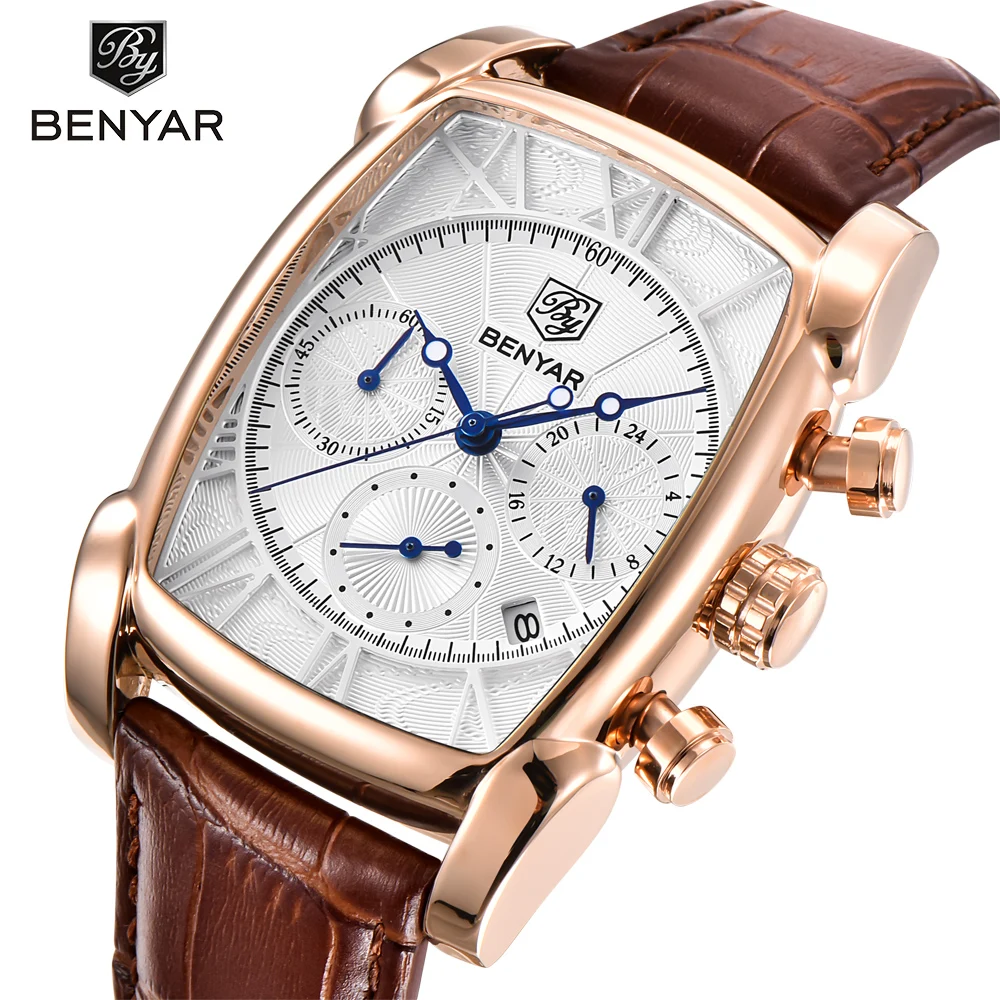 BENYAR Classic Rectangle Case Fashion Sport Chronograph Men\'s Watches Waterproof 30M Genuine Leather Strap Luxury Quartz Watch