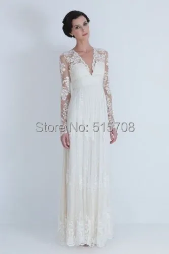 Abito da sposa da spiaggia di dimensioni personalizzate pizzo bianco avorio una linea manica lunga scollo A V profondo lunghezza del pavimento abito da sposa da spiaggia