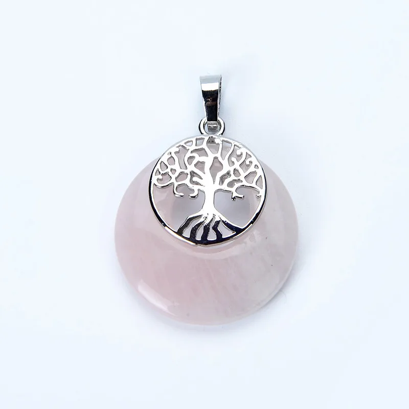 Reiki Natural Stone Crystal Pink Purple Quartz Necklaces Pendant for Women Lady Metal Tree of Life Charms Pendant Jewelry Gifts