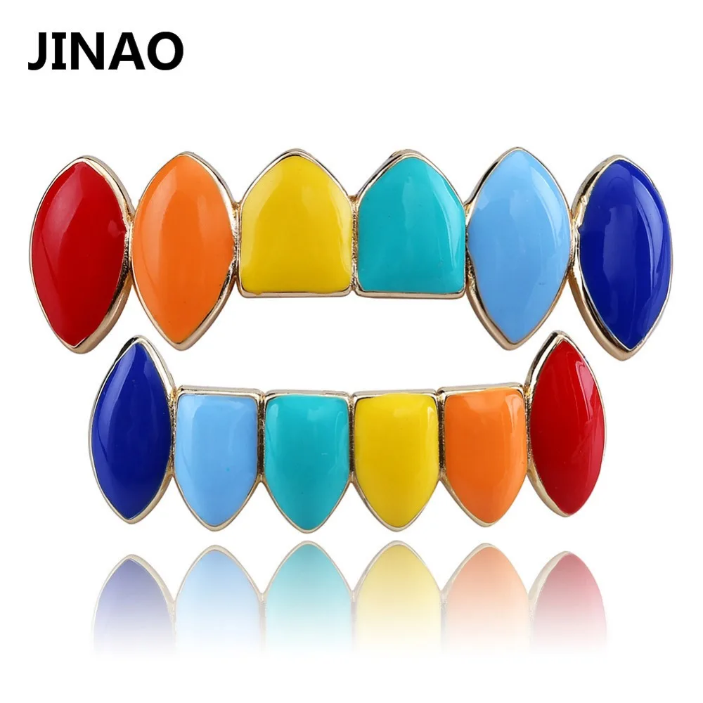 JINAO HipHop Arco Iris oro plata color dientes Grillz parrillas superiores e inferiores boca Dental Cosplay fiesta diente Punk joyería para el cuerpo regalos