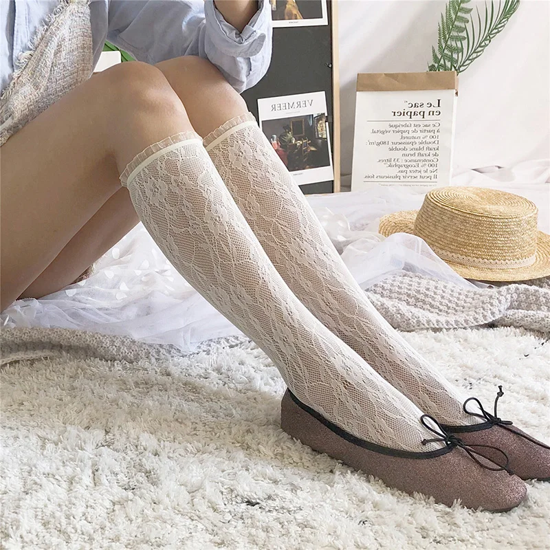 Lolita White Lace Socks Women JK High Knee Socks Frilly Thin Long Socks Female Flower Stockings Leg Calcetines Mujer