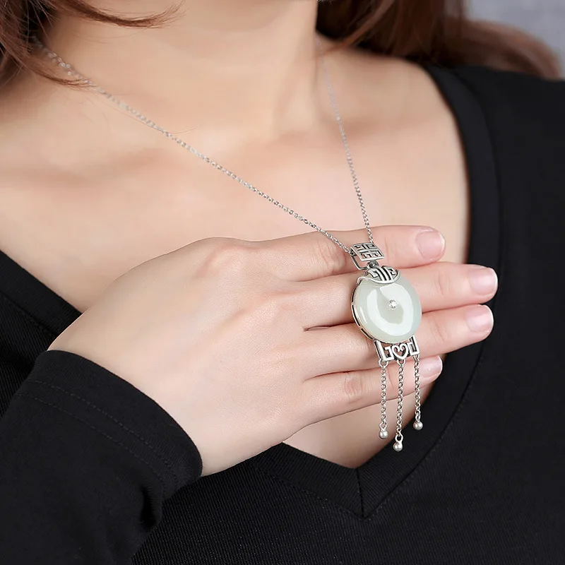 pure silver inlay hetian jade white jade peace buckle meditate on the tassel female high-grade natural necklace pendant