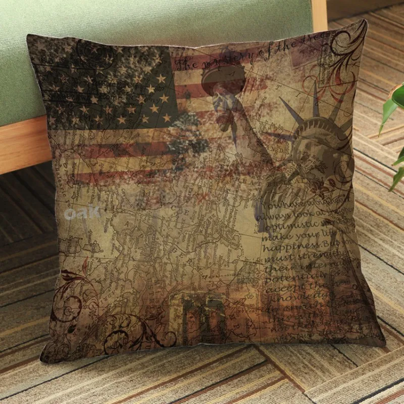 Retro Nostalgic Coffee Color Statue of Liberty US Stars Flag Maple Leaf Home Decor Throw Pillows Car Cushion Cover Case 45x45cm