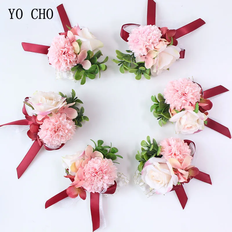 

YO CHO Wrist Corsage Silk Roses Blue Marriage Flowers Pink Cuff Bracelets Bridesmaid Groom Wedding Corsages Boutonnieres Flowers