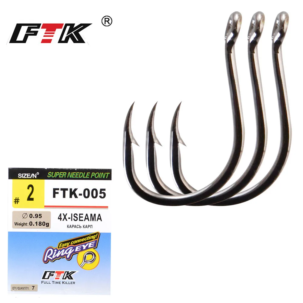 FTK Carp Hooks High Carbon Steel 7Pcs-10Pcs/Pack size 1#-12# Super Needle Point and Ring Eye 4X-ISEAMA For Fishing Tackle