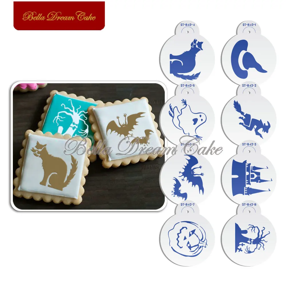 Halloween Glost Hat Cat Cookies Stencils Fondant Chocolate Cake Mold Coffee Stencil Template Cake Decorating Tool Bakeware