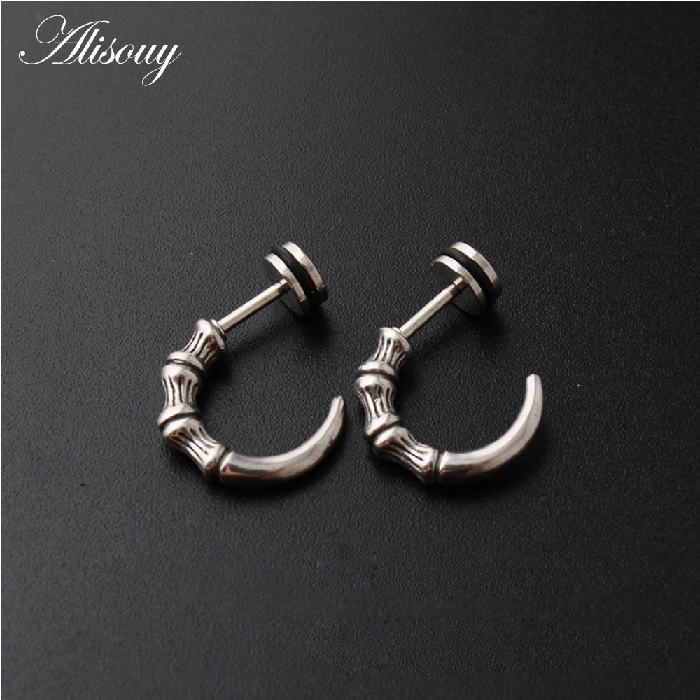 Men's Retro Half Hoop Claw Stud Earrings - Stainless Steel Screw Back Earrings, 2 Pairs