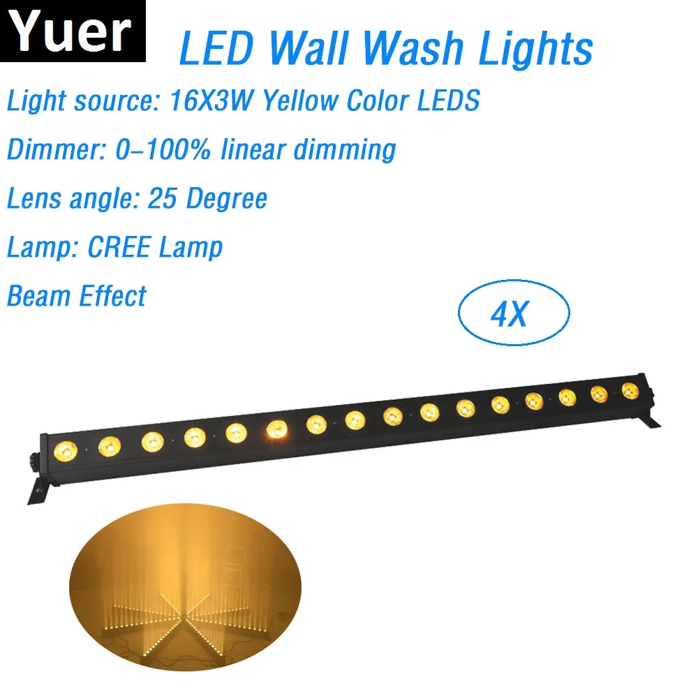 

4XLot Free Shipping 16X3W Yellow Color CREE LED Lamp DMX Wall Washer Lights Indoor LED Wash Bar Lights 25 Degree Lens Angle