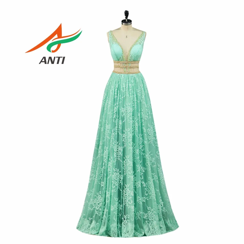 ANTI Romantic Mint Lace Evening Dress Long 2019 Vestido De Festa Sleeveless Beads A-Line Robe de Soiree Formal Evening party