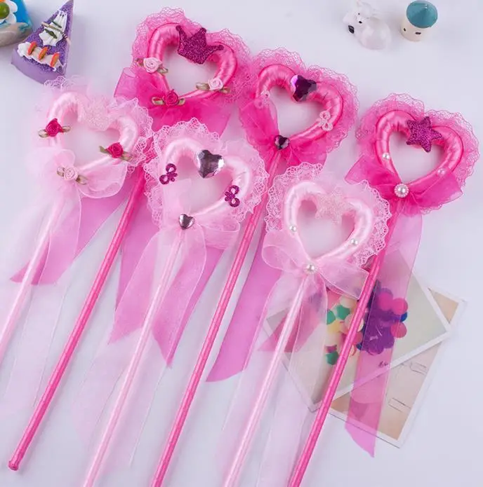 Princess ribbon lace heart shape Wand Fairy Fancy Dress Up Costume Accessory cartoon Angel Wands party stage props pink gift