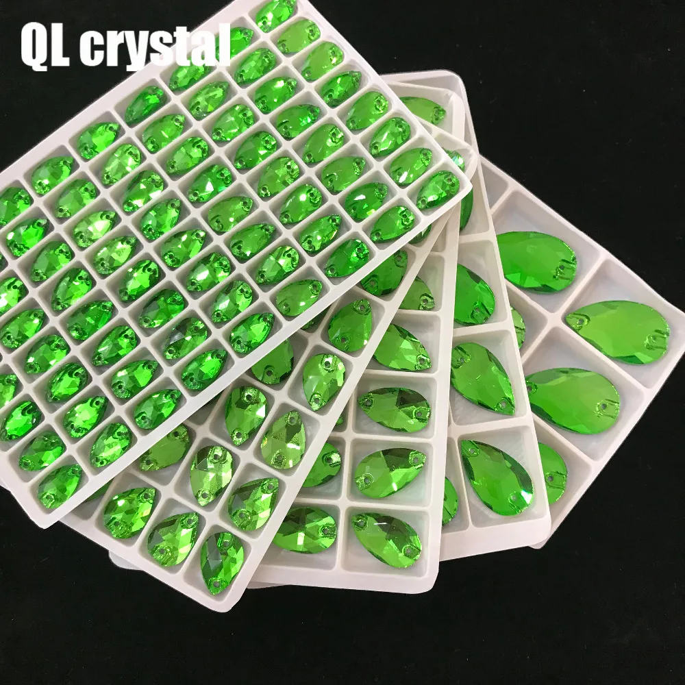 ALL Size QL Crystal 2018 popular Grass green Drops Sew On Crystal Stones Sewing On Rhinestone 2 Holes DIY Garment Dress Making