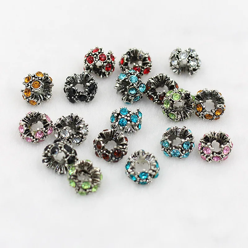 10PC NEW DIY jewelry accessories Tibetan silver alloy rhinestone loose beads beaded crystal burr ancient silver spacer beads H10