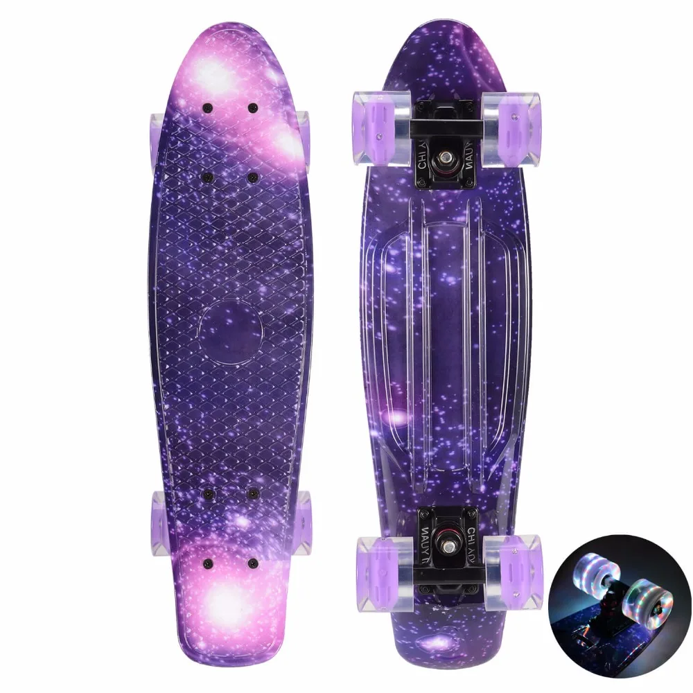 

Plastic Skateboard Penny Board Mini Cruiser Board 22" X 6" Retro Longboard Skate Long Board Graphic Galaxy Purple Blue