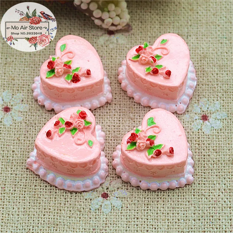 10PCS pink heart cake Resin Flatback Cabochon Miniature food Art Supply Decoration Charm Craft