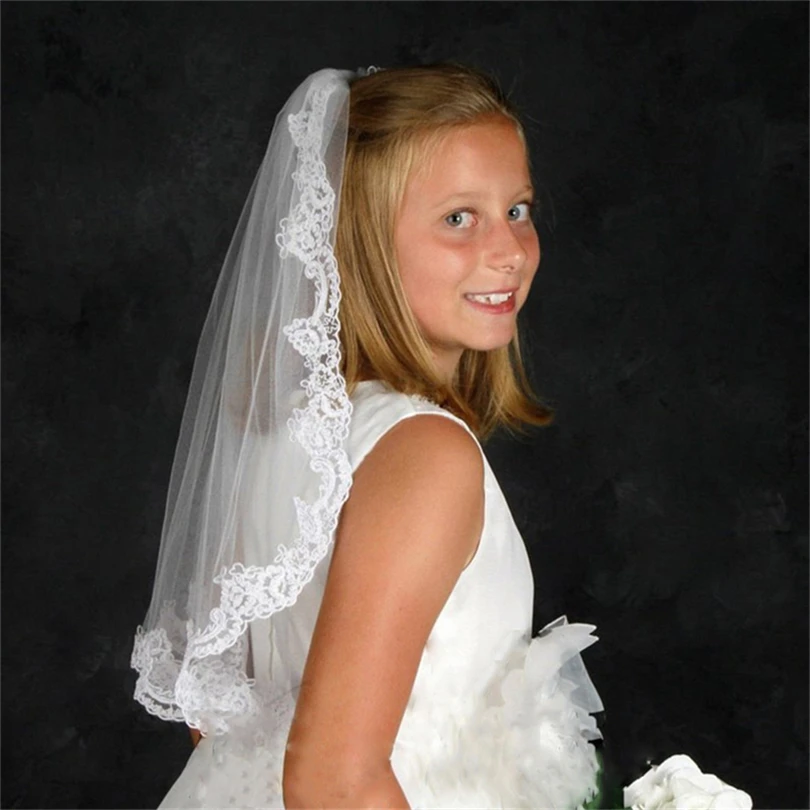 Ishsy Bruiloft Bloem Meisjes Eerste Communie Veils Kinderen Kids Applique Edge Tulle Veil Voile Fille Mariage Velo De Novia