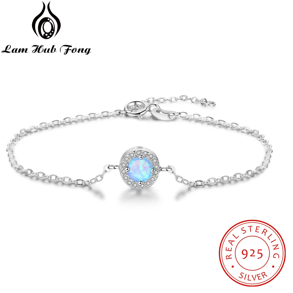 Created Round Blue Opal Stone Bracelets 925 Sterling Silver Chain Bracelets for Women Cubic Zirconia Fine Jewelry (Lam Hub Fong)