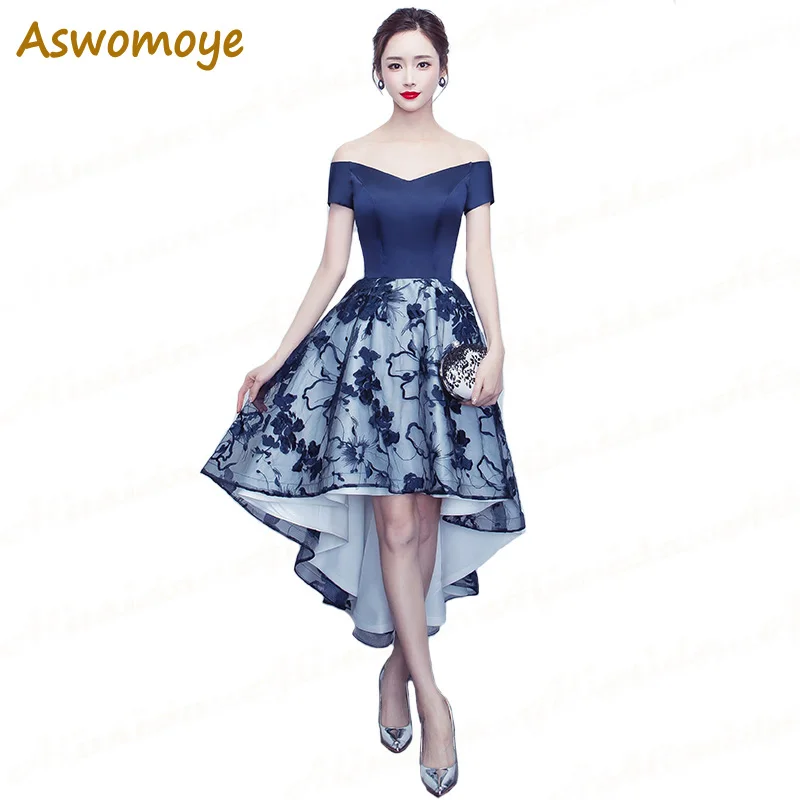 

Aswomoye Royal Blue Evening Dress Short Front Long Back Prom Dresses Appliques Lace Party Dress Sexy robe de soiree