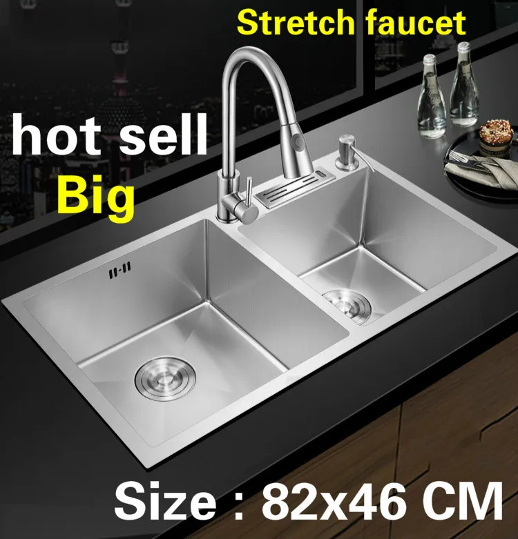 

Free shipping Household luxury do the dishes big kitchen manual sink double groove 304 stainless steel hot sell 82x46 CM