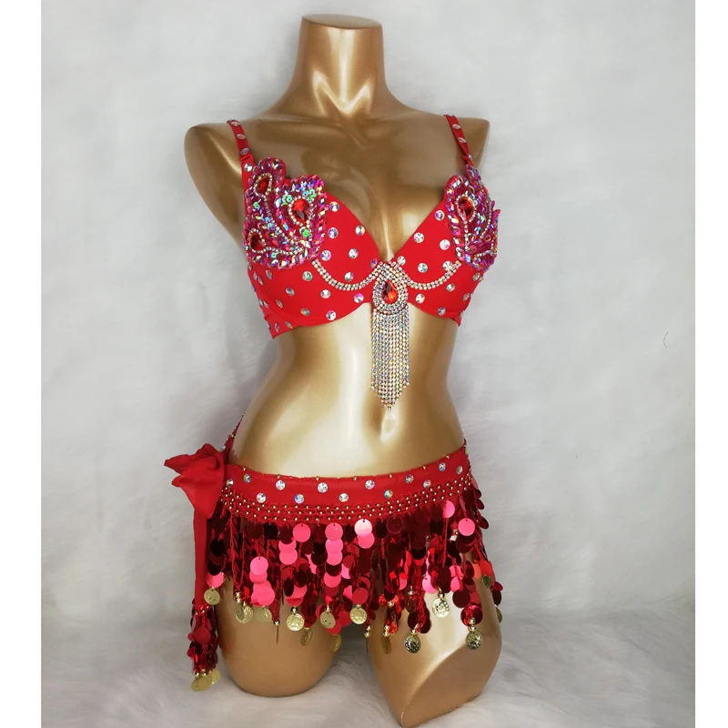 New Samba Belly Dance Costume Hand Beaded Sequins Turquoise & Red Color Top Bra and Hip Scarf Belt 2PCS/SET Outfit Dancer Wear