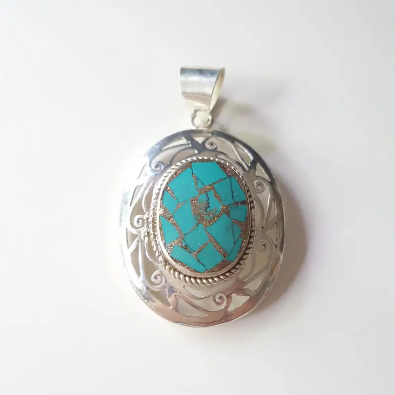 TBP489 Nepal Vintage Jewelry White Metal Copper Inlay Turquoise Hollow Flower Pendants