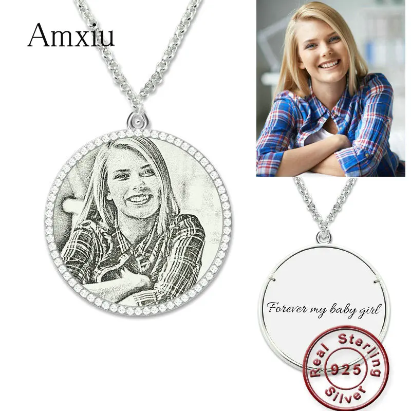 

Amxiu Custom Photo Necklace 925 Sterling Silver Necklace Engrave Name Pendant Necklace Personalized Zircon Jewelry For Women