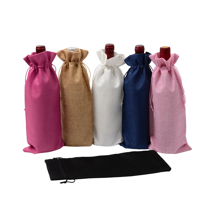 1 pc 15*35cm Rustic Jute Burlap Wine Bags Drawstring Wine Bottle Covers Reusable Bottle Wrap Gift Package Wine Bags