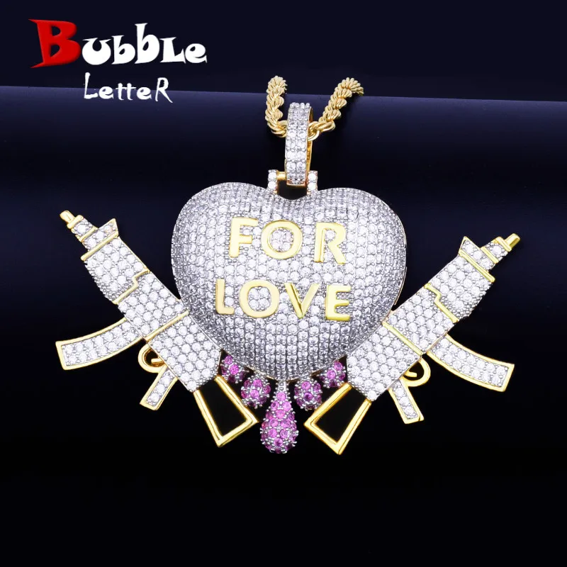 

Heart Drip Gun Love Pendant Gold Color Plated Cubic Zircon Men's Hip Hop Necklace Jewelry