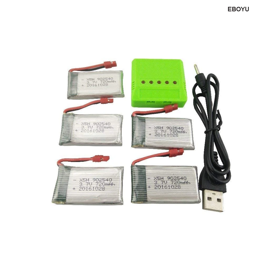 5Pcs * Eboyu Syma X5HC X5HW 3.7V 720Mah Lipo Batterijen + 5 In 1 Oplader Voor Syma x5HC X5HW Rc Quadcopter Drone