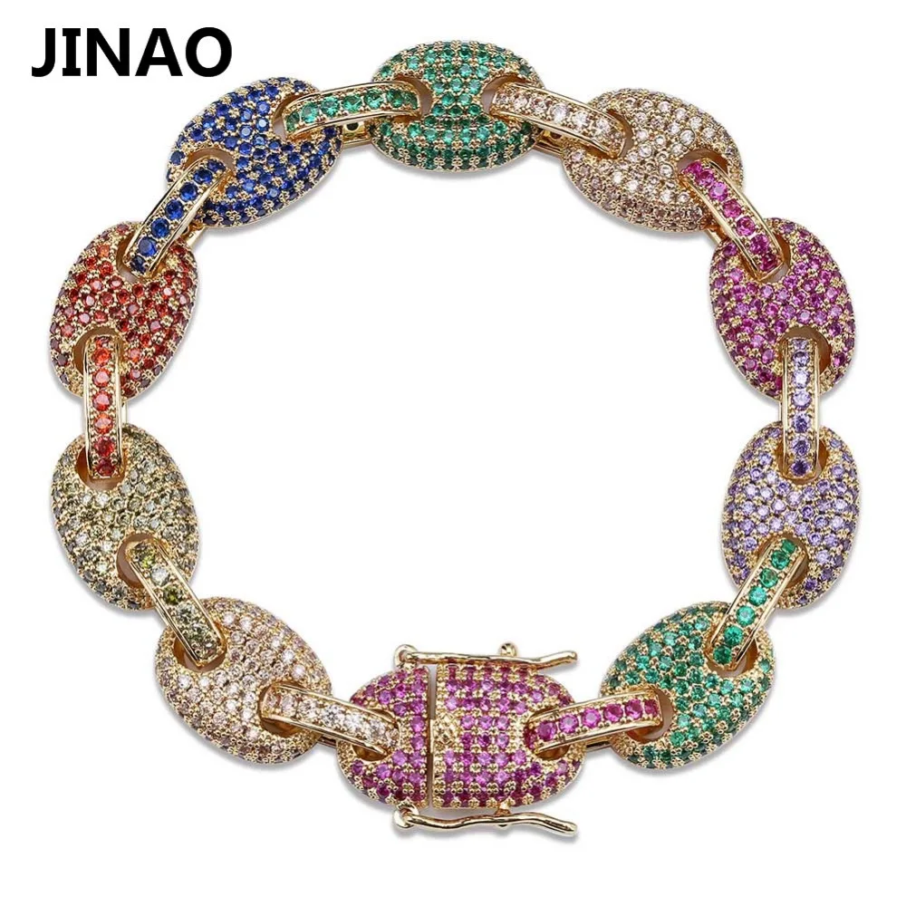 Iced Out Zircon Colored Chain Bracelet Men's Hip hop Jewelry Copper Material Jewelry Clasp Personality CZ Bracelet Link 7/8 inch