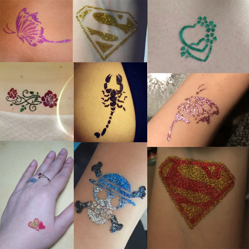 Plantillas de tatuaje de aerógrafo con purpurina para pintar, plantillas de tatuaje de Henna para dibujo de mujeres y niños, 5 hojas por lote, 105