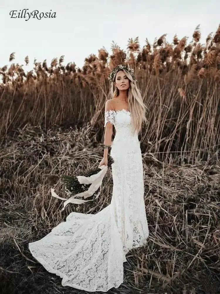 Country Style Boho Wedding Dress Mermaid Off the Shoulder Short Sleeve Lace Bridal Gowns Outdoor vestido de noiva boho hochzeit image 2