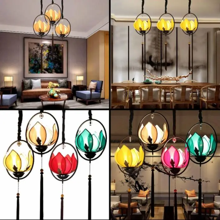 

New Chinese Lotus Cloth Vintage Chandelier Tea House Room Aisle Light Guest Restaurant Lotus Light China Wind Iron Lamp